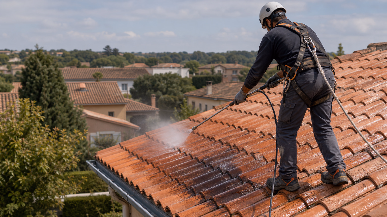 Couvreur en harnais traitant à la perche télescopique une toiture en tuile canal d&#39;une maison muretaine, ciel d&#39;Occitanie en arrière-plan