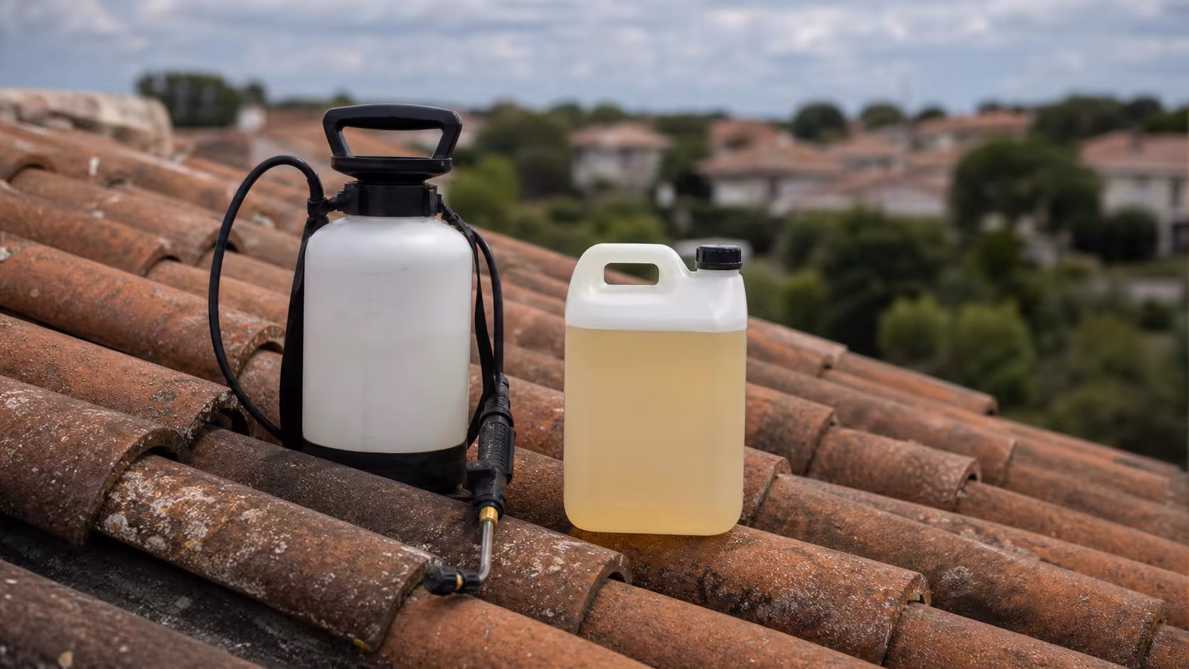Pulvérisateur basse pression et bidon d'hydrofuge siloxane posés sur le rampant d'une toiture en tuile canal