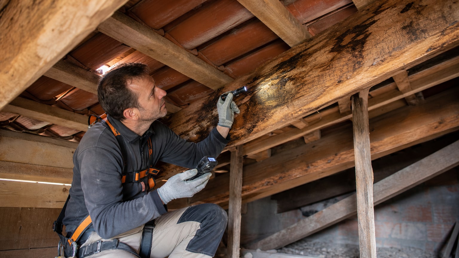Couvreur en harnais inspectant une charpente en bois humide sous toiture en tuile canal, traces sombres d&#39;infiltration visibles sur les chevrons