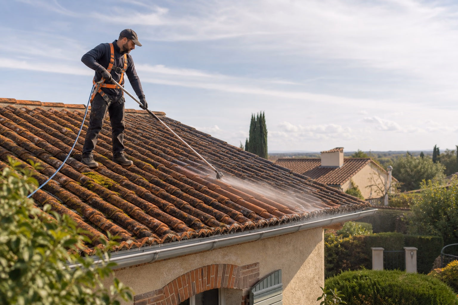 Couvreur sur toiture en tuile canal d&#39;une maison cugnalaise, perche télescopique en main, traitement anti-mousse en cours sous ciel d&#39;Occitanie