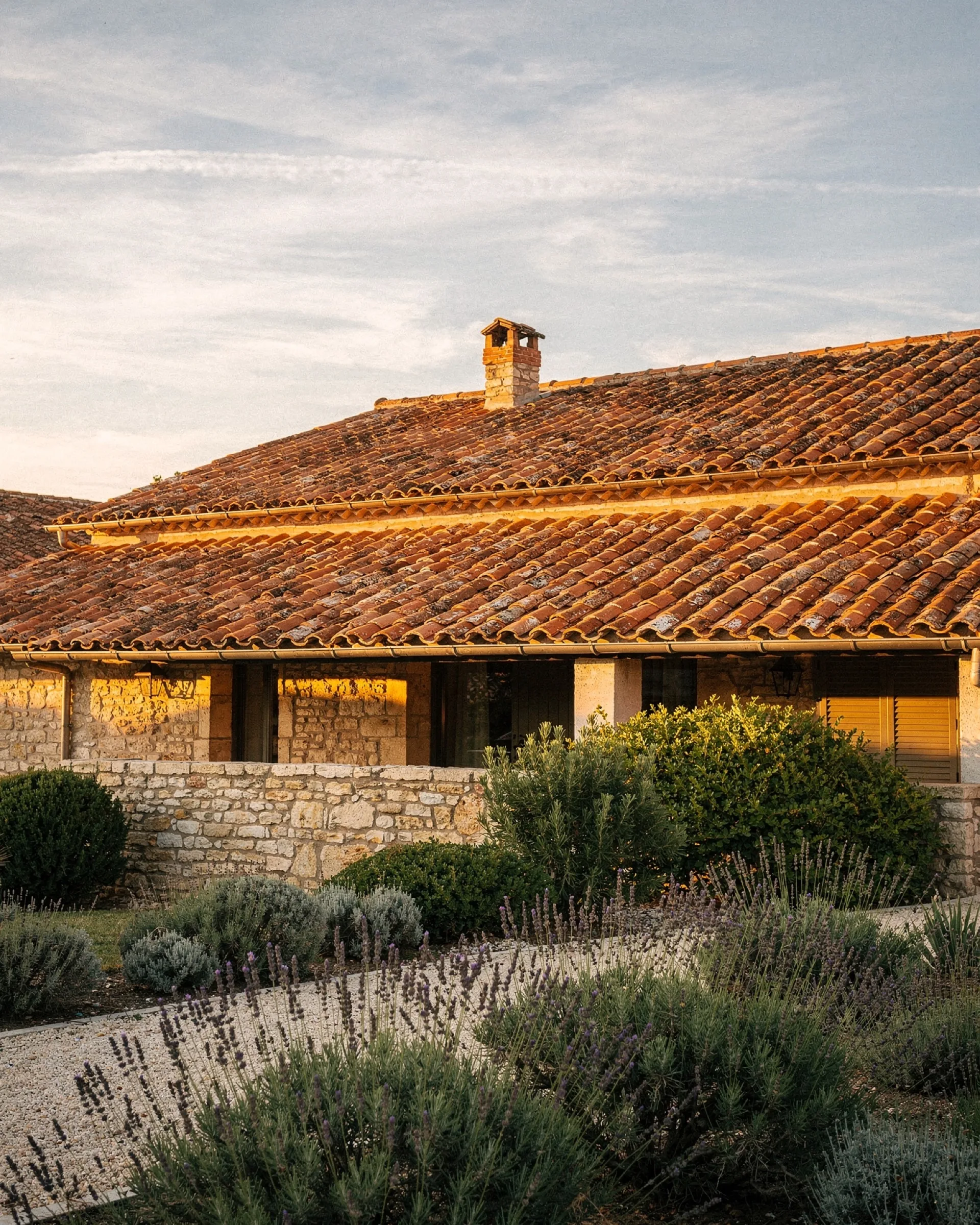 Maison de pierre en région toulousaine avec toiture en tuile canal parfaitement entretenue, lumière de fin d'après-midi